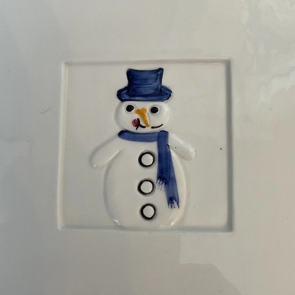 Crate‎ & Barrel Snowman Trivet Set 2 Ceramic 8in Square Italy Stefani Ceramica